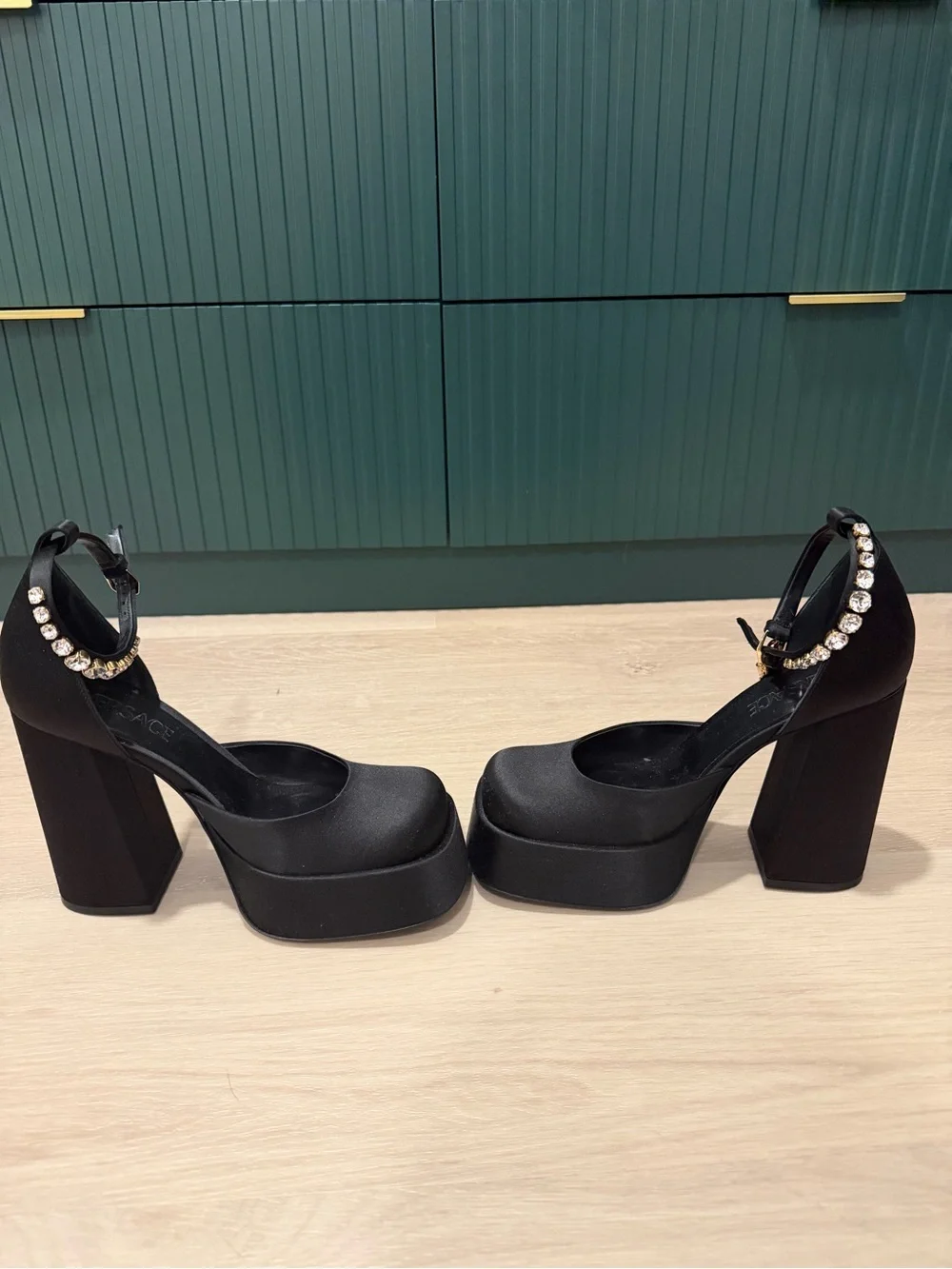 Versace Medusa Black Satin Platform Block Heel Sandals with Crystal Ankle Strap